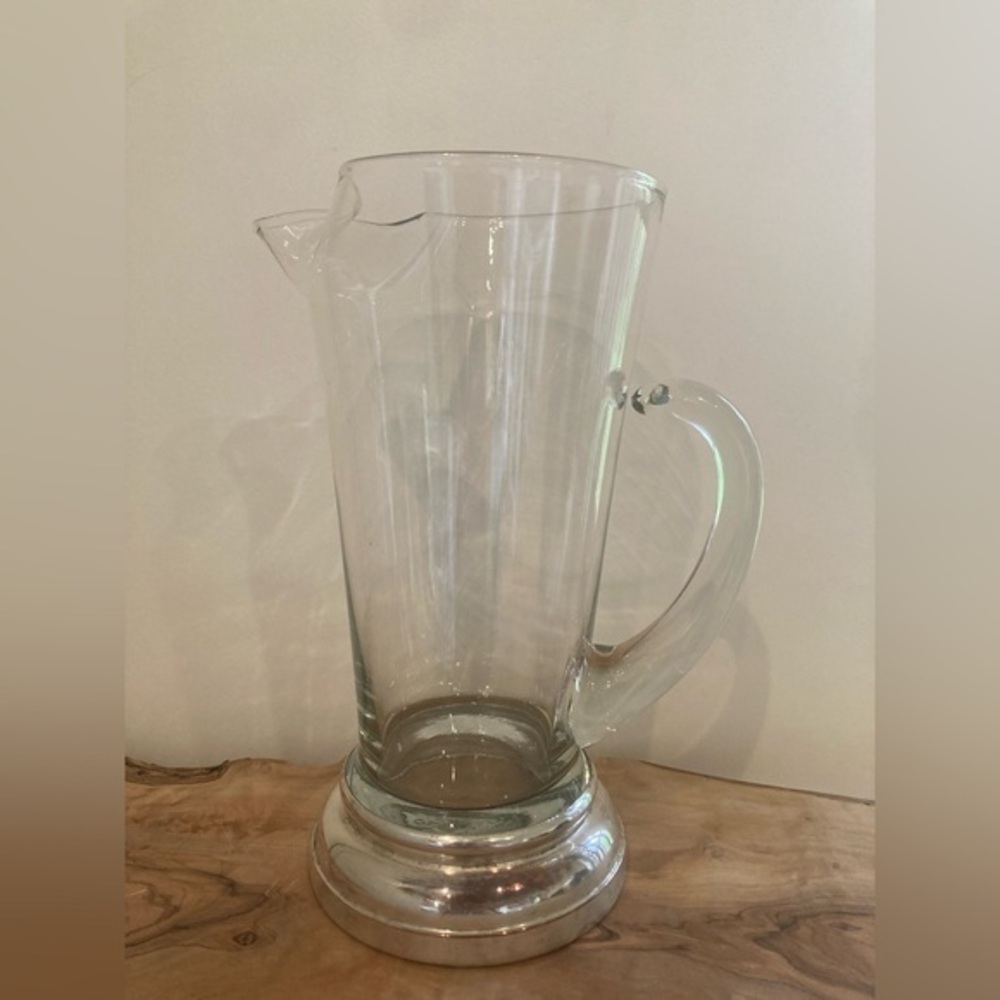 VTG MCM Clear Blown Glass Martini/Coctail Pitcher With Silver Base